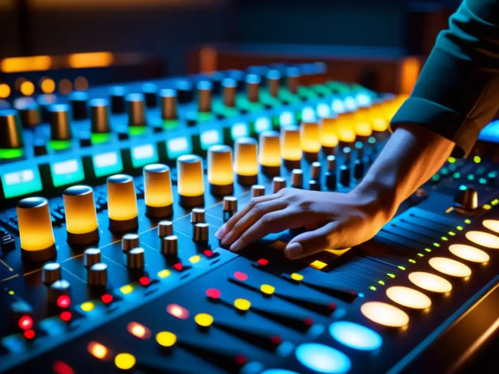 Un ingeniero de audio ajusta con precisión niveles en una consola en un estudio de grabación