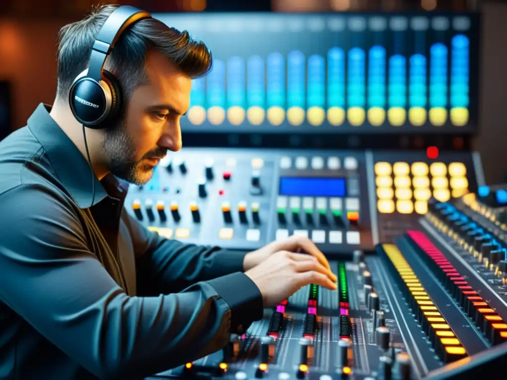 Un ingeniero de audio ajusta con precisión niveles en una consola de sonido