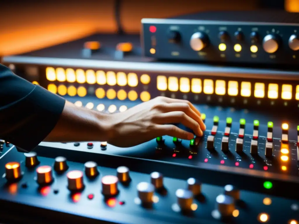 Un ingeniero de audio ajusta con precisión el preamplificador en un estudio de grabación, creando un ambiente inmersivo y profesional