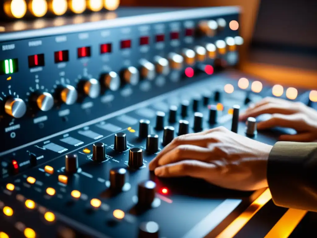 Un ingeniero de audio ajusta con precisión el preamplificador en un estudio de grabación, rodeado de instrumentos musicales