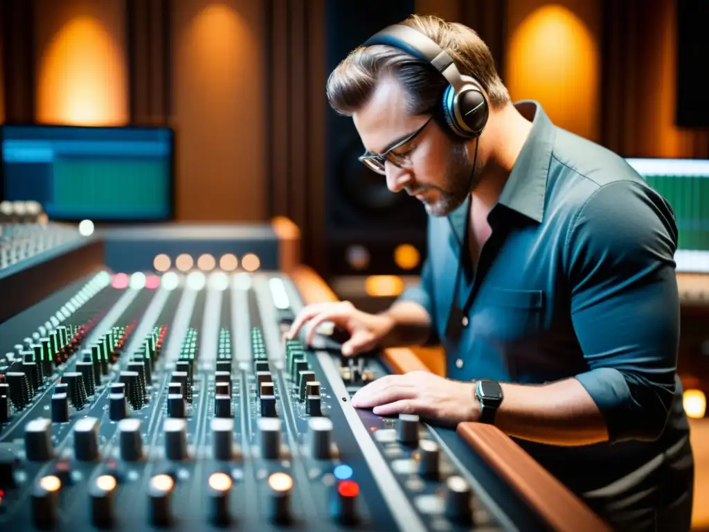 Un ingeniero de audio ajusta con precisión un preamplificador de alta gama en un estudio, mostrando el impacto en la grabación de instrumentos