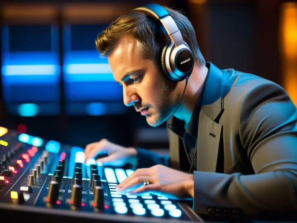 Ingeniero de audio ajustando niveles en consola de mezcla Un ingeniero de audio profesional ajusta los niveles de sonido en una consola de mezcla de última generación en un estudio de grabación