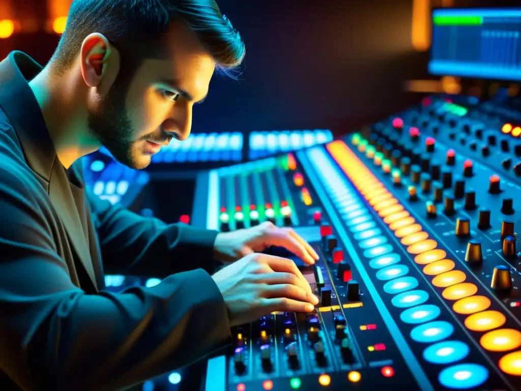 Un ingeniero de audio profesional ajusta niveles en una consola de mezcla, con botones iluminados y una expresión enfocada