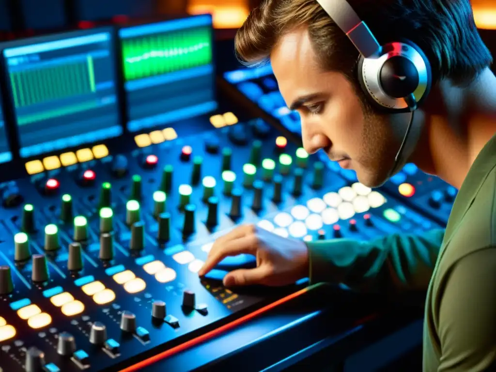 Un ingeniero de audio profesional ajusta meticulosamente las perillas y deslizadores de una consola de mezcla en un estudio de grabación de última generación, transmitiendo la precisión y experiencia en técnicas avanzadas para mezclar instrumentos multicapa