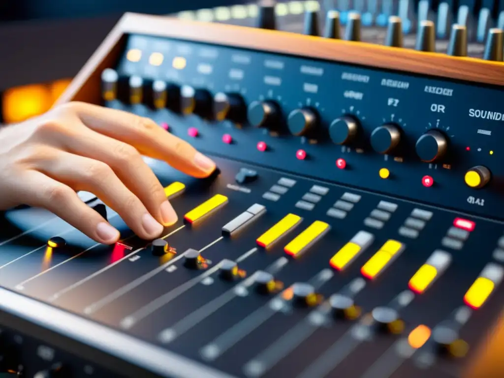 Un ingeniero de audio profesional ajusta con precisión el ecualizador y niveles en una mesa de sonido en un estudio de grabación