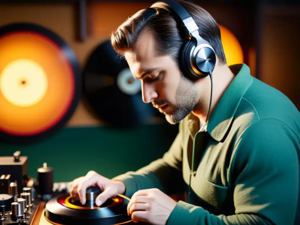 Un ingeniero de audio restaura meticulosamente un vinilo vintage en un estudio