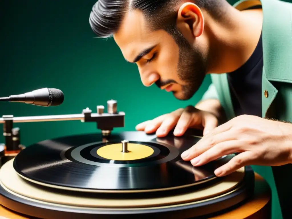 Un ingeniero de audio restaura meticulosamente un vinilo vintage con herramientas especializadas, destacando la importancia de la restauración de grabaciones en la educación musical