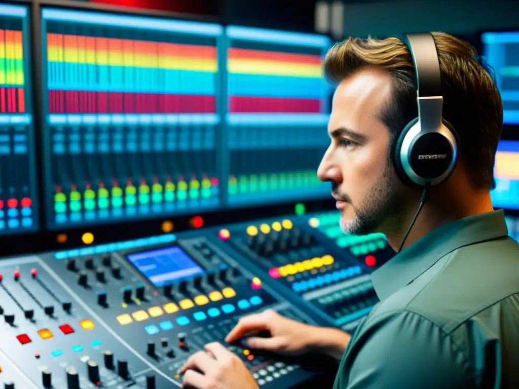 Un ingeniero de masterización ajusta con precisión la consola de sonido, rodeado de equipos y monitores con formas de onda