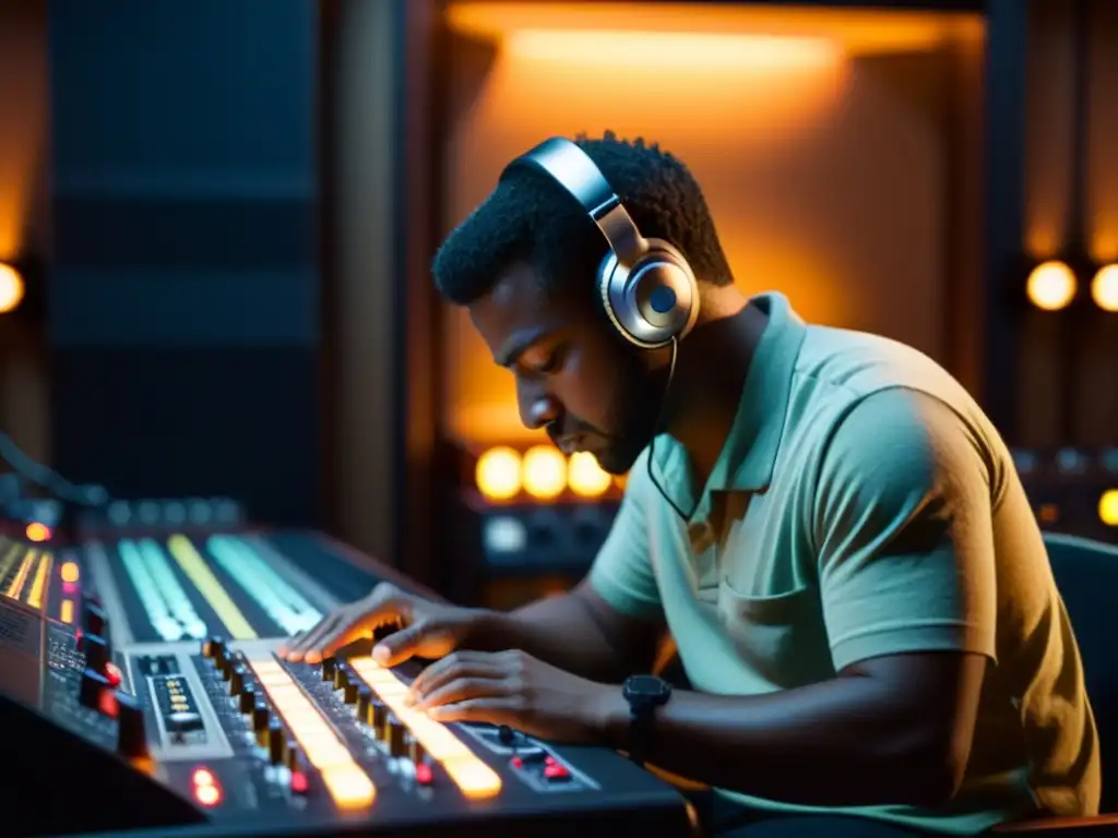 Un ingeniero de grabación ajusta niveles en una consola, en un estudio con equipo musical