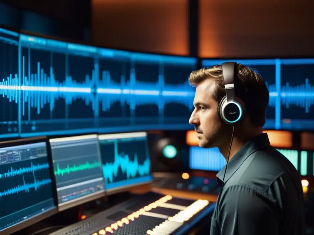 Un ingeniero de sonido analiza detalladamente una compleja forma de onda en la pantalla de la computadora en un estudio de grabación