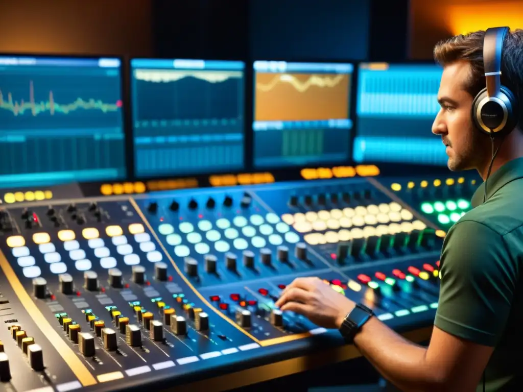 Un ingeniero de sonido concentrado en el control de la consola en un estudio de grabación