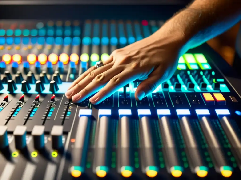 Un ingeniero de sonido ajusta meticulosamente la consola de mezclas, mostrando precisión técnica y arte en la personalización del sonido en un estudio profesional con instrumentos musicales