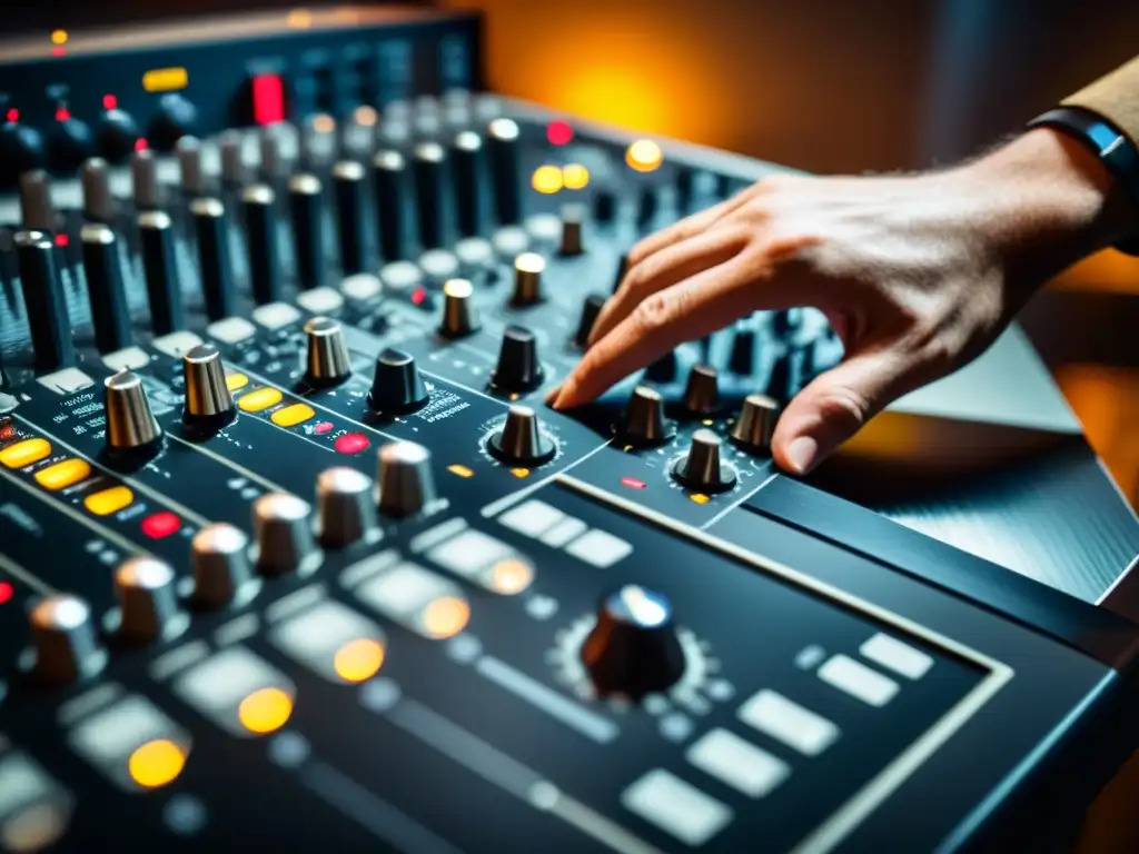 Un ingeniero de sonido ajusta con precisión los controles de una consola vintage, mostrando las técnicas de grabación emocional