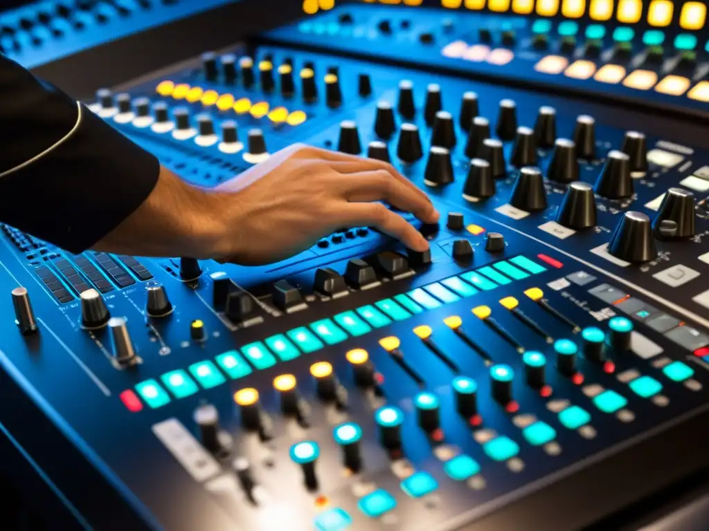 Un ingeniero de sonido ajusta con precisión los controles de una consola de mezcla, en un estudio lleno de equipo musical