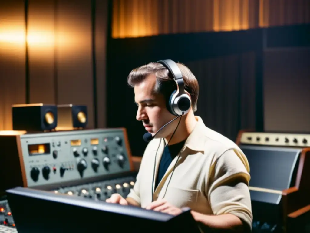 Un ingeniero de sonido restaura con cuidado una grabación histórica en un estudio tenue rodeado de equipo de audio analógico