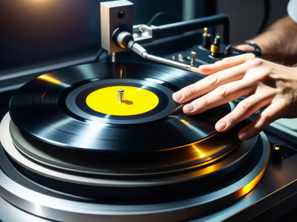 Un ingeniero de sonido restaura con cuidado un vinilo histórico, resaltando la importancia de las grabaciones históricas en la música contemporánea