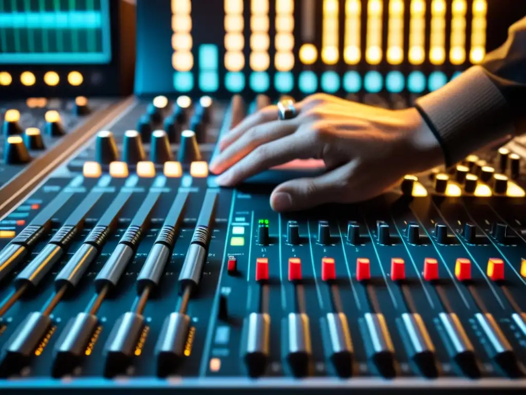 Un ingeniero de sonido ajusta el deslizador de volumen en una consola de mezclas, interpretando variaciones de volumen en música con precisión técnica