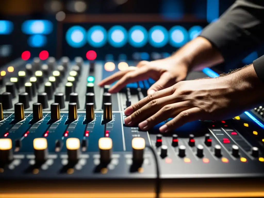 Un ingeniero de sonido ajusta con precisión las herramientas de análisis de sonido en una consola, en un estudio de grabación