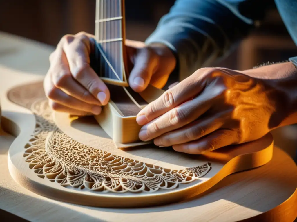 Ingeniero de sonido instrumentos acústicos tallando meticulosamente una guitarra, evocando artesanía y dedicación en la construcción de instrumentos