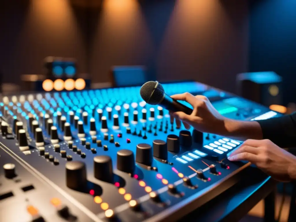 Un ingeniero de sonido ajusta un micrófono 3D en un estudio de grabación, capturando la esencia de la grabación de sonido 3D en música