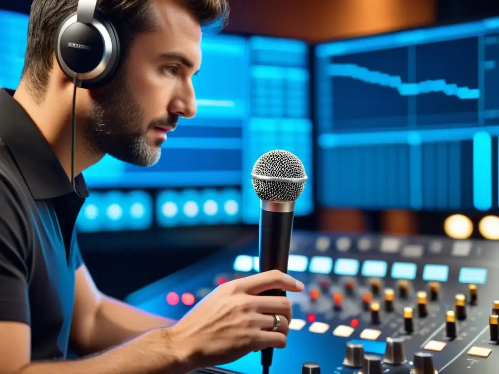 Un ingeniero de sonido ajusta un micrófono 3D en un estudio de grabación de vanguardia, capturando sonido 3D en música con cuidado experto