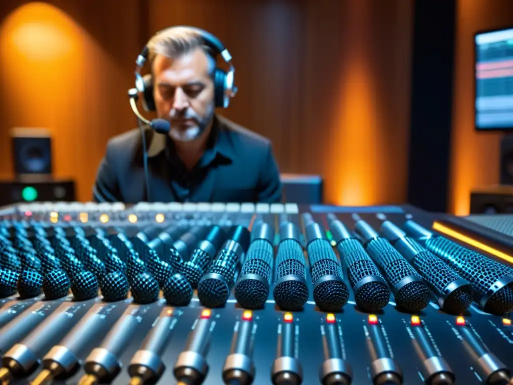 Un ingeniero de sonido ajusta micrófonos en un estudio de grabación de última generación, explorando espacialidad acústica en grabaciones