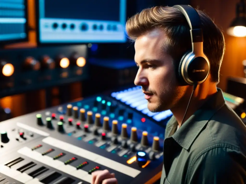 Ingeniero de sonido ajustando micrófonos en estudio con ambiente profesional y pasión por instrumentos acústicos