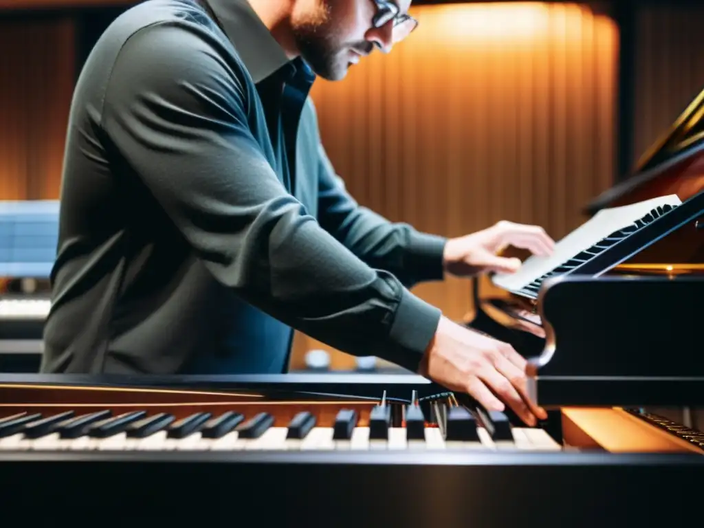 Un ingeniero de sonido ajusta meticulosamente micrófonos alrededor de un gran piano en un estudio de grabación de última generación