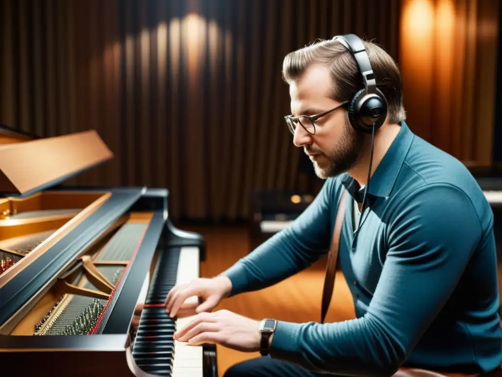 Un ingeniero de sonido ajusta micrófonos alrededor de un gran piano en un estudio de grabación