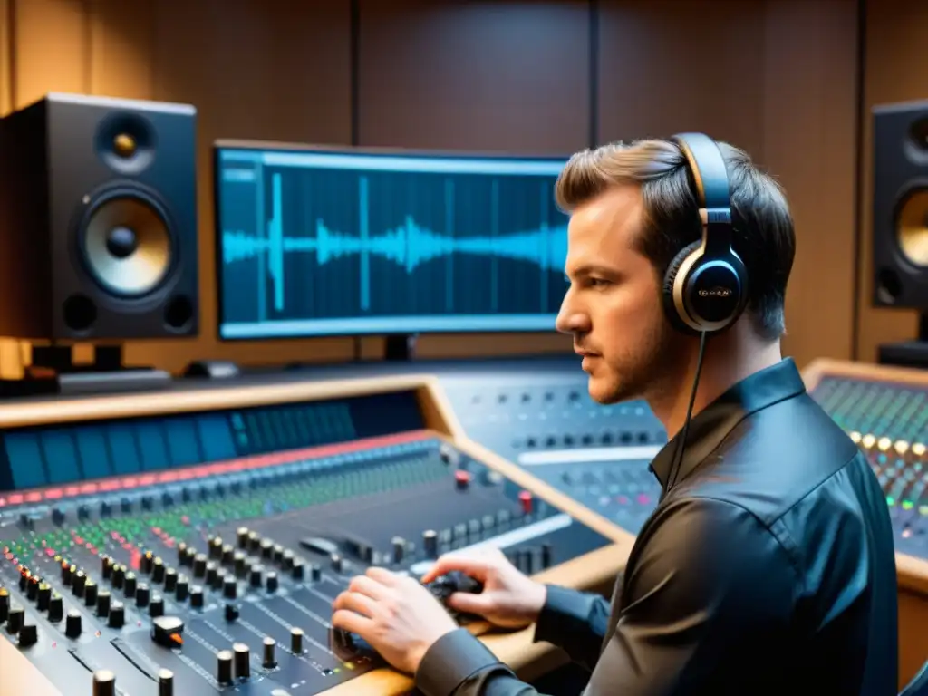 Un ingeniero de sonido ajusta micrófonos alrededor de instrumentos musicales en un estudio de grabación de alta tecnología