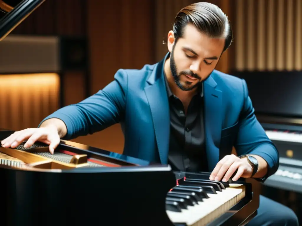 Ingeniero de sonido ajustando micrófonos alrededor de un piano de cola en estudio de grabación, capturando la autenticidad acústica de instrumentos musicales