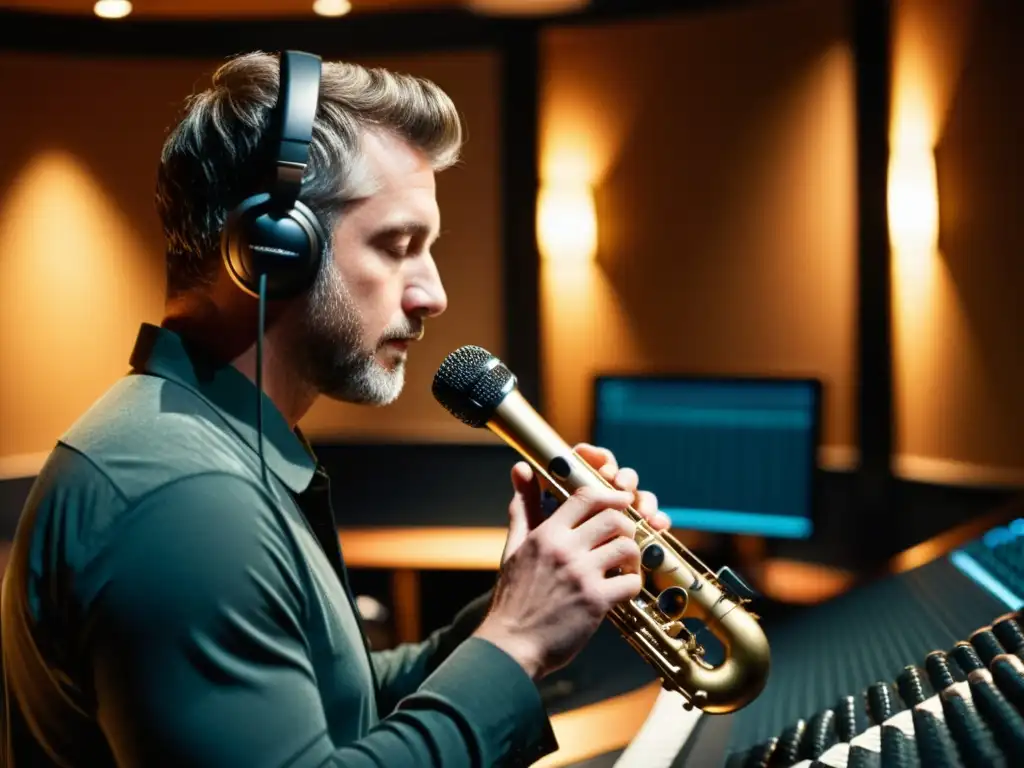 Maestro del sonido ajusta micrófonos para grabar saxofón Un ingeniero de sonido ajusta micrófonos para grabar un saxofón en un estudio de grabación de alta tecnología