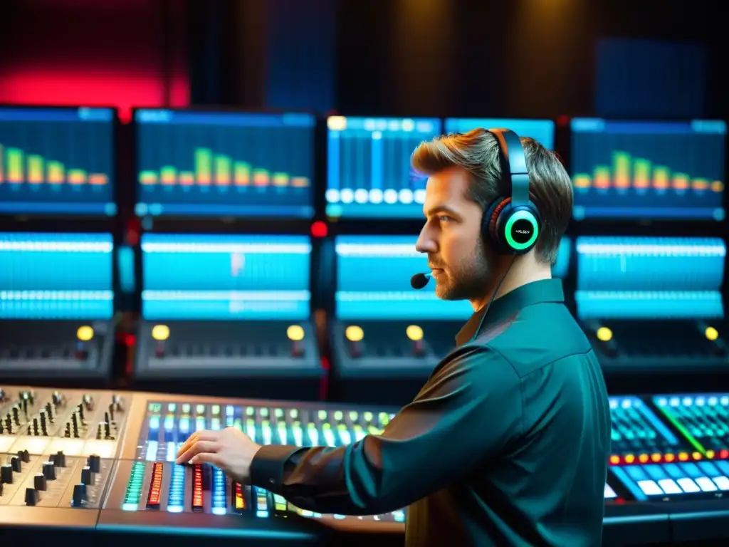 Experto en mezcla de sonido ajustando niveles en consola 3D Un ingeniero de sonido ajusta niveles en una consola de mezcla, con ondas de sonido en pantalla y una sala de control iluminada
