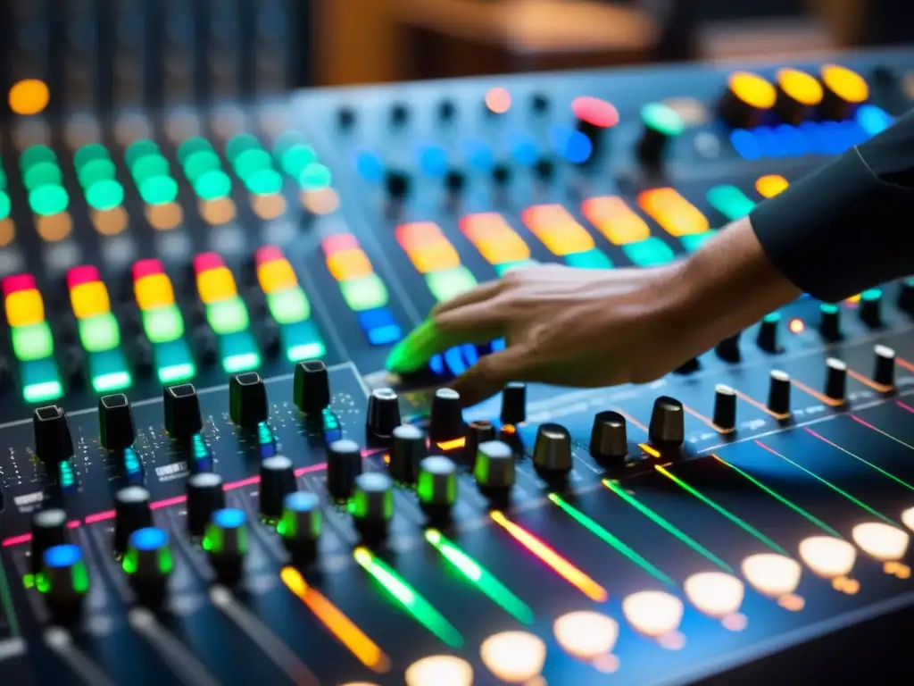 Un ingeniero de sonido ajusta con precisión los niveles en una consola, rodeado de instrumentos musicales