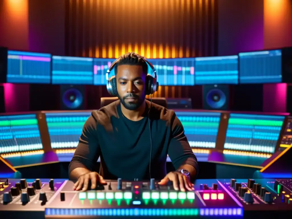 Mezcla de sonido 3D en estudio de grabación Un ingeniero de sonido ajusta niveles en una consola en un estudio de grabación