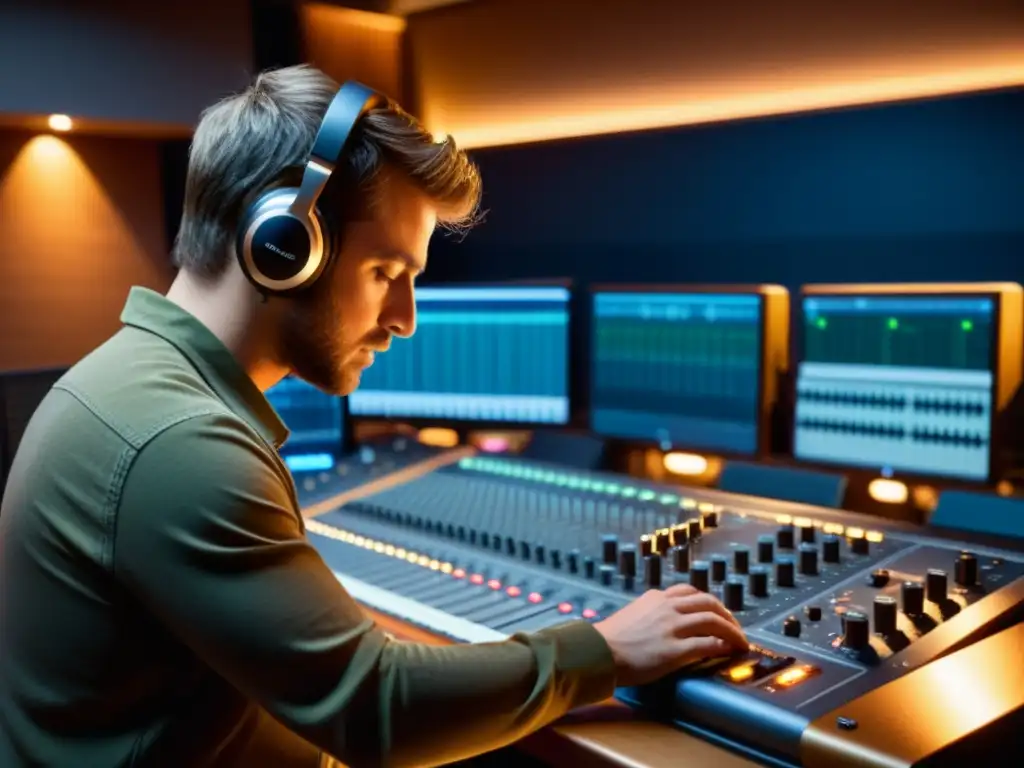 Un ingeniero de sonido ajusta niveles en una consola mientras un músico toca guitarra en un estudio cálido y profesional