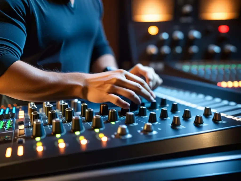 Un ingeniero de sonido ajusta niveles en una consola en un estudio