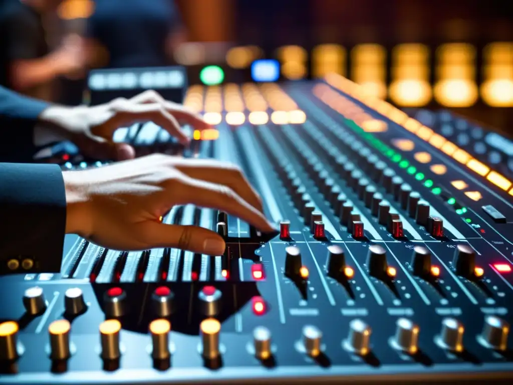 Un ingeniero de sonido ajusta niveles en una consola durante una grabación en vivo