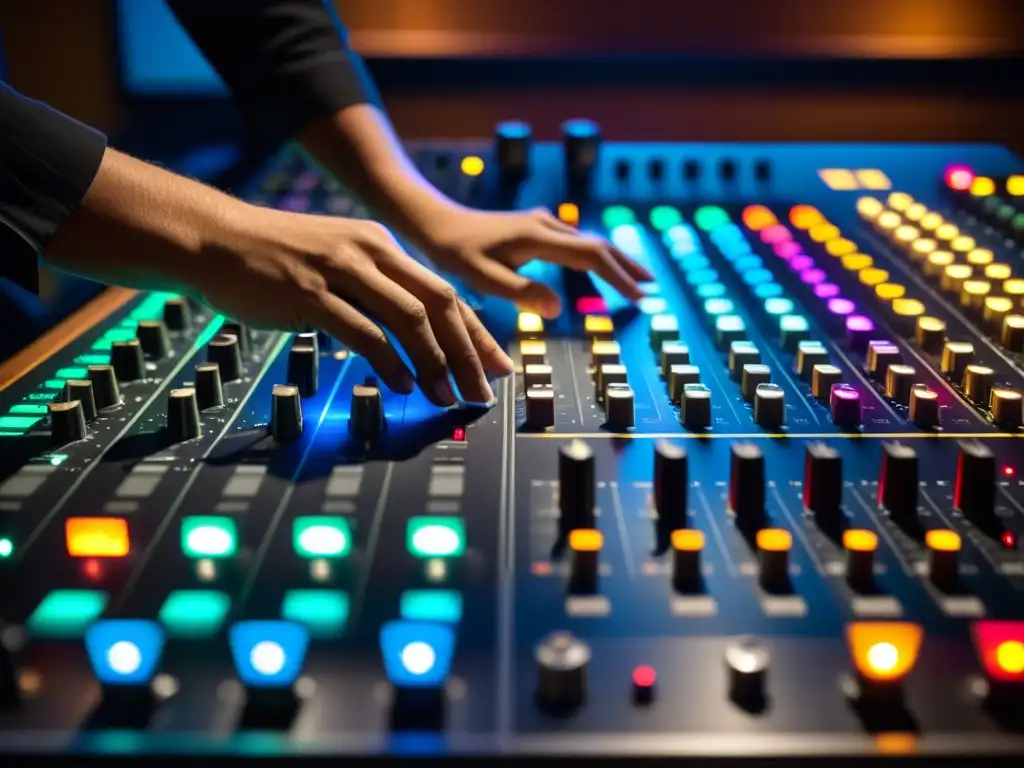 Ingeniero de grabación ajustando niveles en consola de estudio Un ingeniero de sonido ajusta niveles en una consola en un estudio profesional