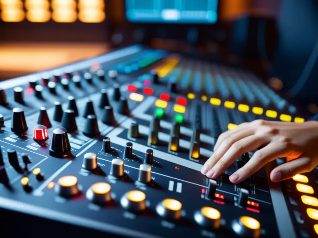 Un ingeniero de sonido ajusta niveles en una consola digital en estudio