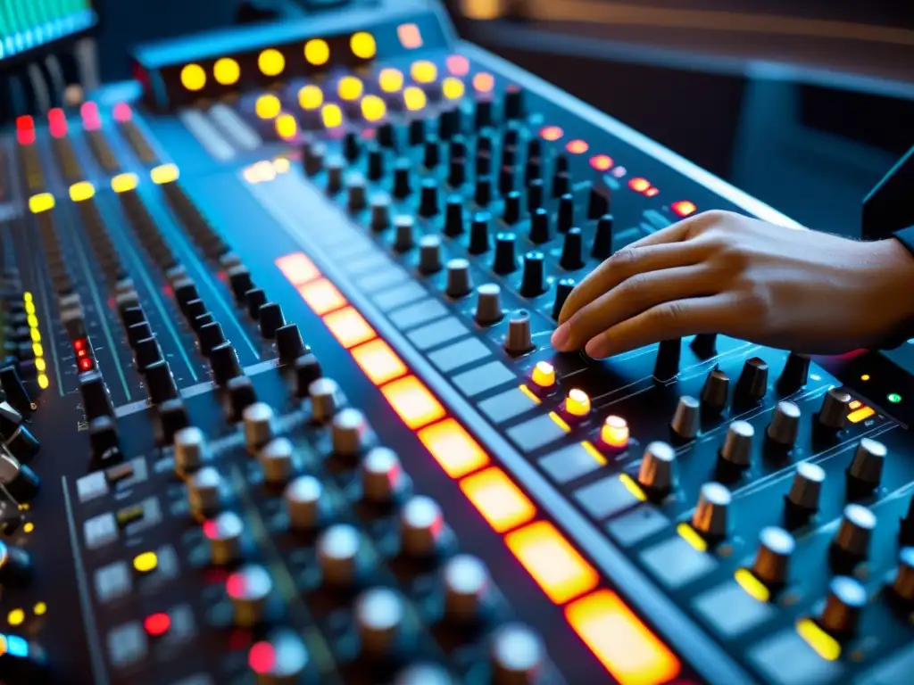 Un ingeniero de sonido ajusta niveles en una consola durante un concierto en vivo