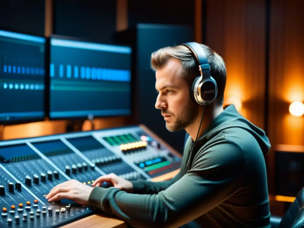 Un ingeniero de sonido ajustando niveles en estudio de grabación