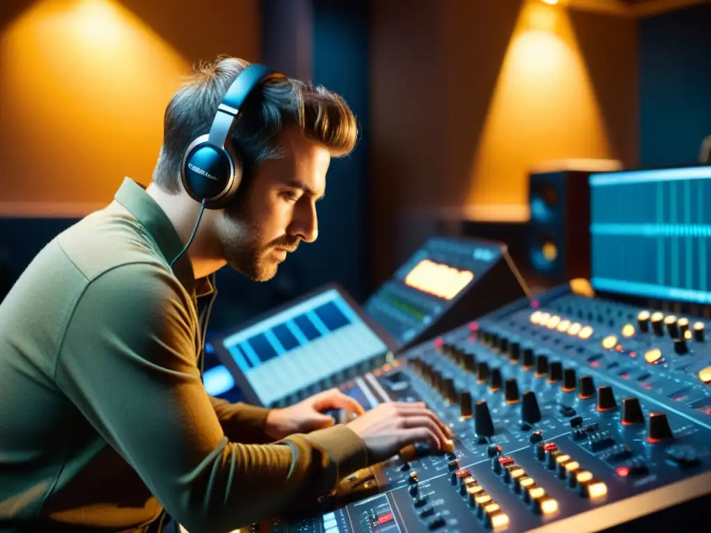 Un ingeniero de sonido ajusta niveles en estudio de grabación, inmerso en la revolución del sonido envolvente 8D