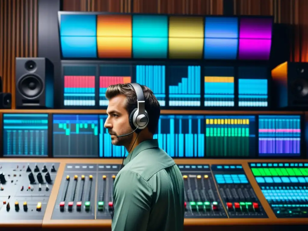 Un ingeniero de sonido ajustando niveles en un estudio rodeado de equipo vintage y moderno, con ondas de sonido en pantallas