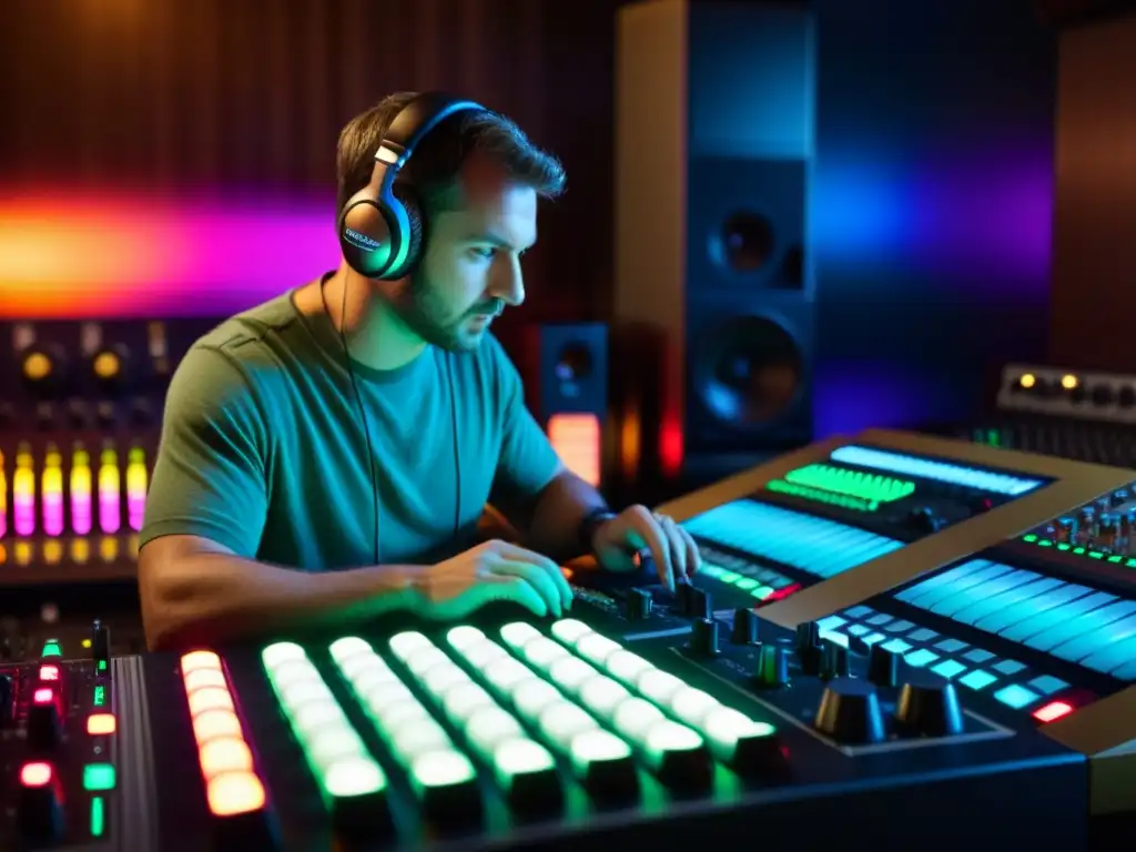 Un ingeniero de sonido ajusta niveles en un estudio de música electrónica cinematográfica, rodeado de sintetizadores vintage y luces LED