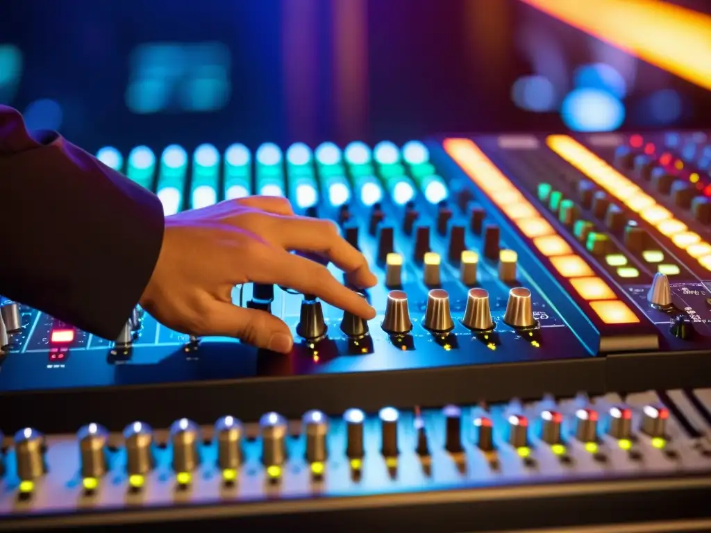 Un ingeniero de sonido ajusta los niveles en una mesa de mezclas durante un concierto en vivo