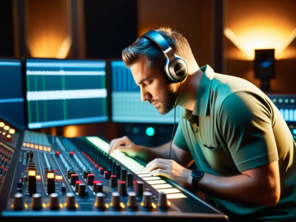 Un ingeniero de sonido ajusta niveles en una mesa de mezclas en un estudio, creando conexiones emocionales