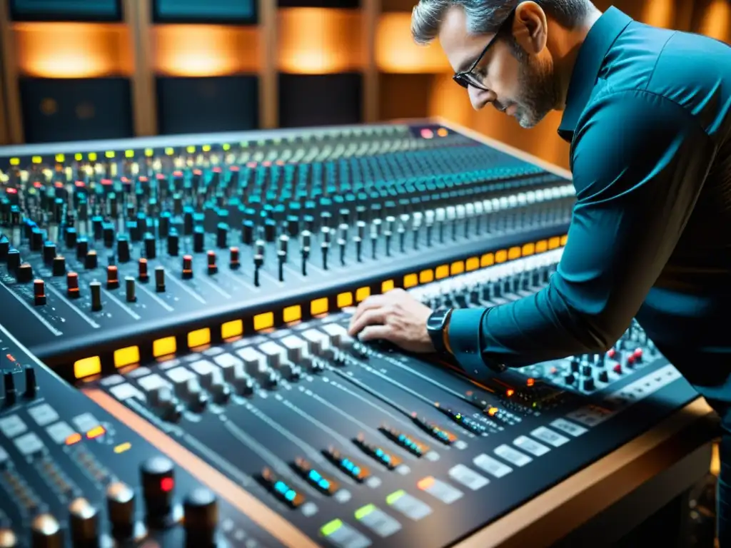 Un ingeniero de sonido ajusta con precisión una consola de mezcla de sonido de alta tecnología en un estudio de grabación