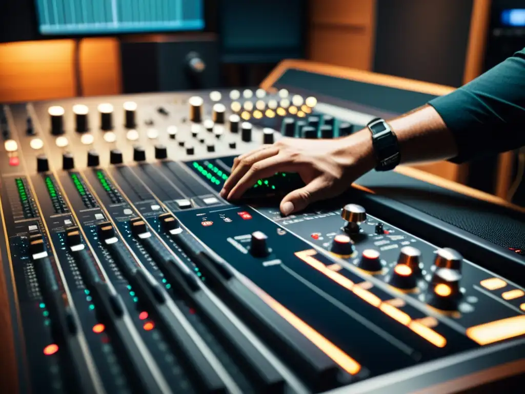 Un ingeniero de sonido ajusta con precisión la consola mientras un músico toca un instrumento acústico