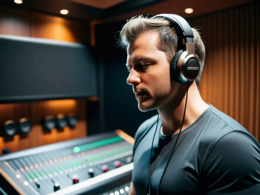 Un ingeniero de sonido ajusta con precisión el micrófono en un estudio, capturando la expresión musical